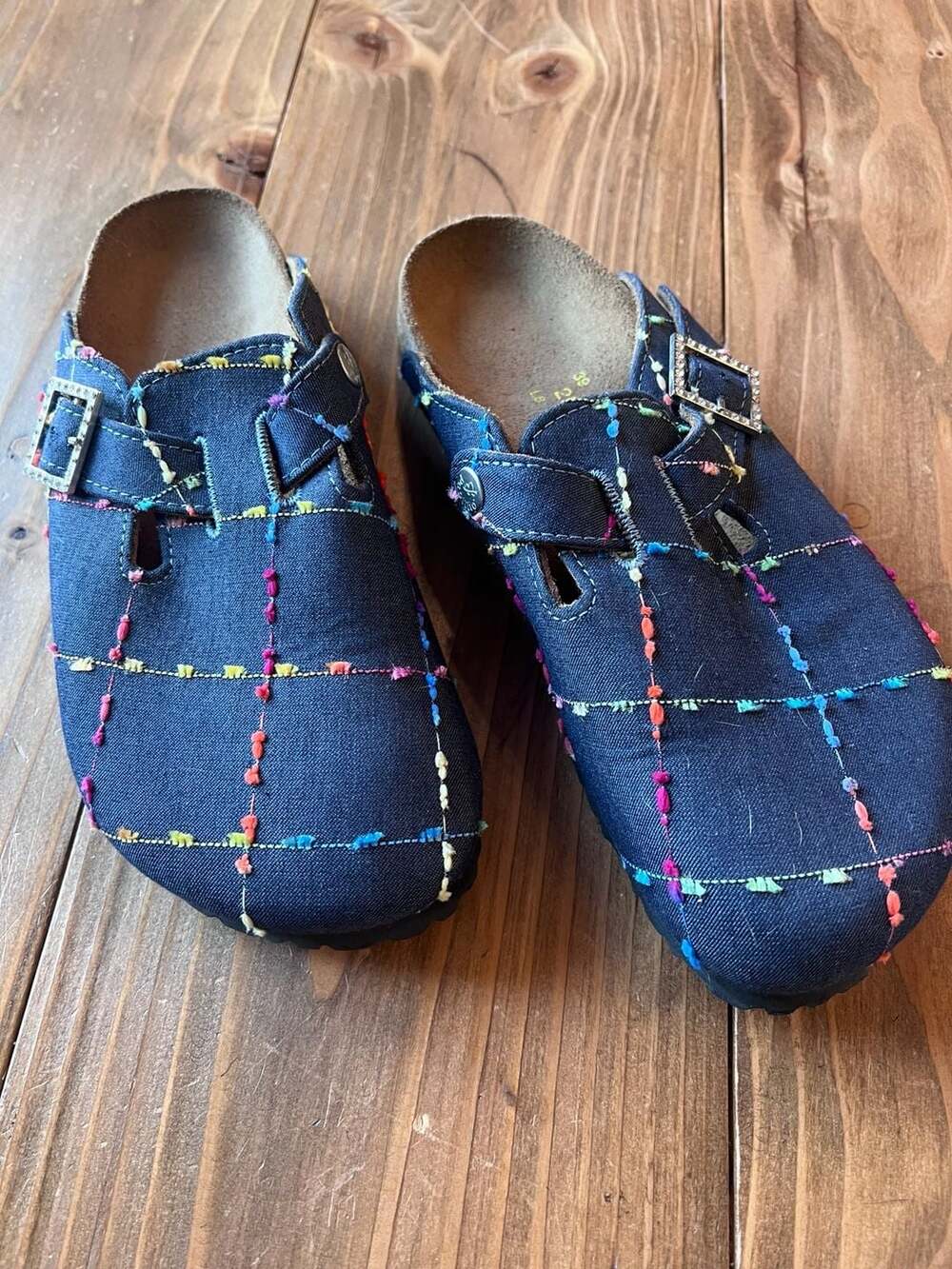 Birkenstock Papillio Denim Mules with Rainbow Stitch and Rhinestone Buckle